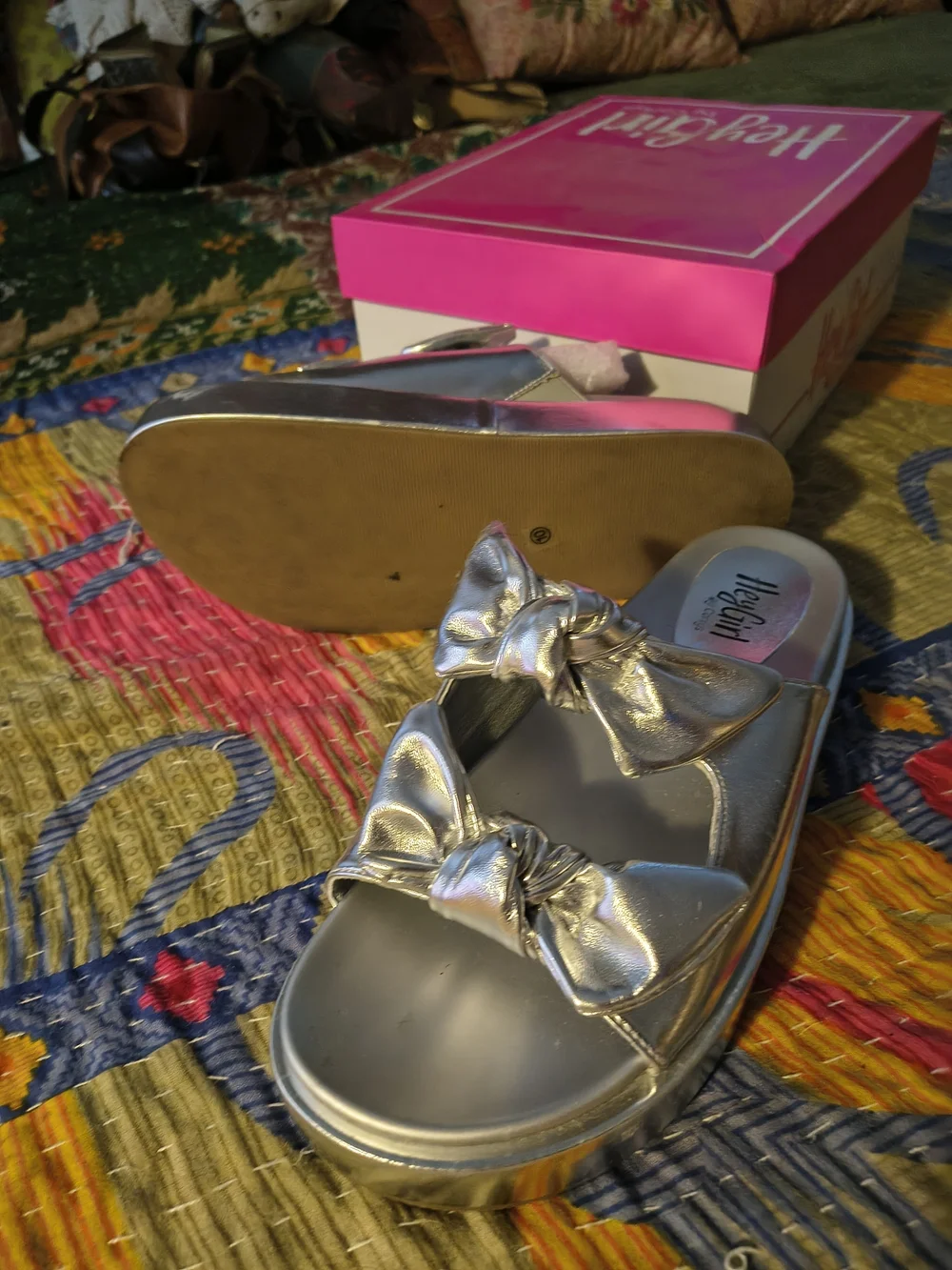 Corkys Metallic Silver Double-Bow Platform Slide Sandals